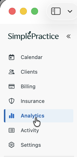 SimplePractice Analytics link in the sidebar