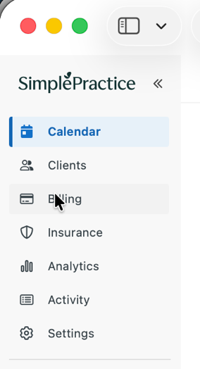 SimplePractice Billing link in the sidebar