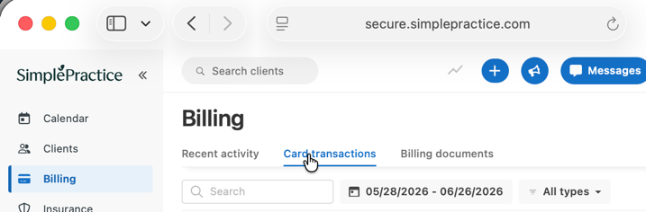 SimplePractice Card Transactions link