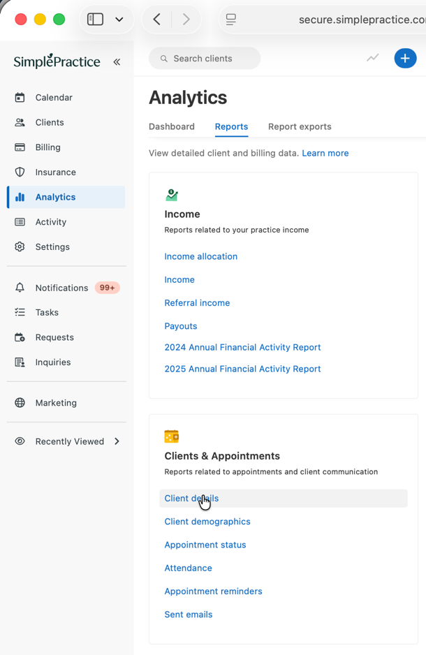 SimplePractice Client Details report