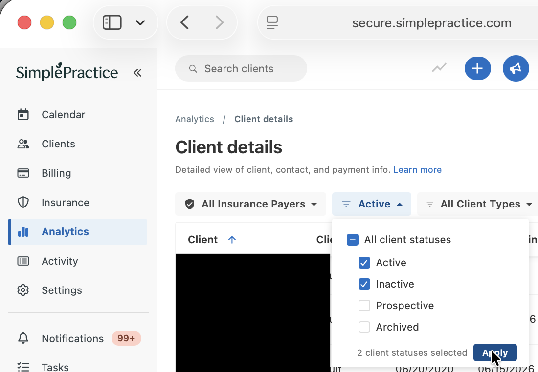 SimplePractice client status filter with Active, Inactive, and Archived selected
