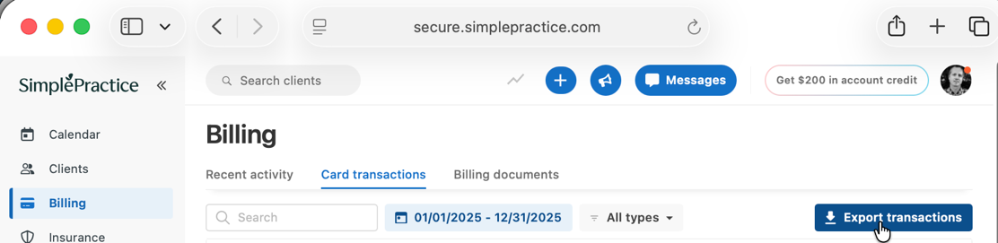 SimplePractice Export transactions button