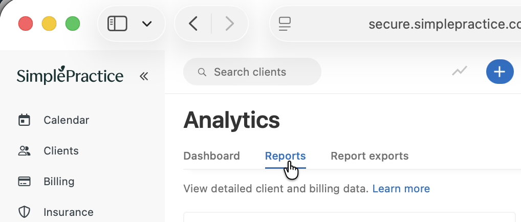 SimplePractice Reports link
