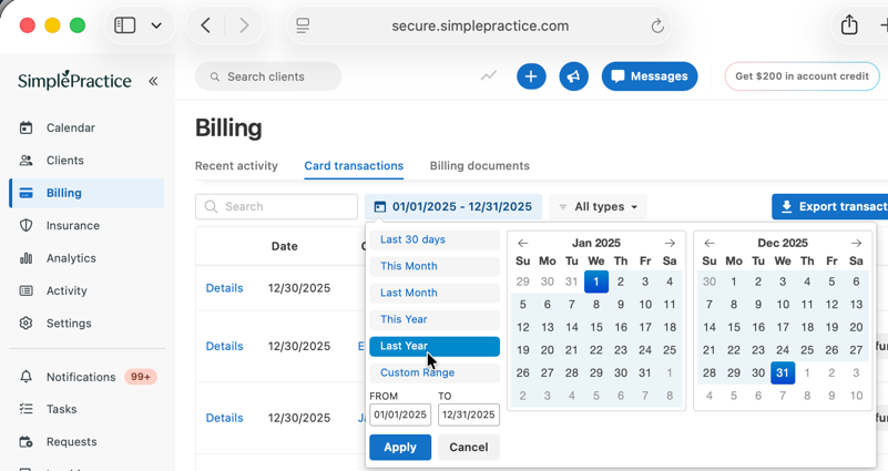 SimplePractice date range set to Last Year